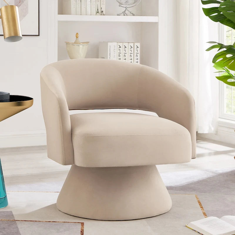 Fauteuil pivotant moderne en forme de tonneau, chaises d'appoint rondes rembourrées en velours, fauteuil pivotant confortable à 360 degrés avec dossier ouvert