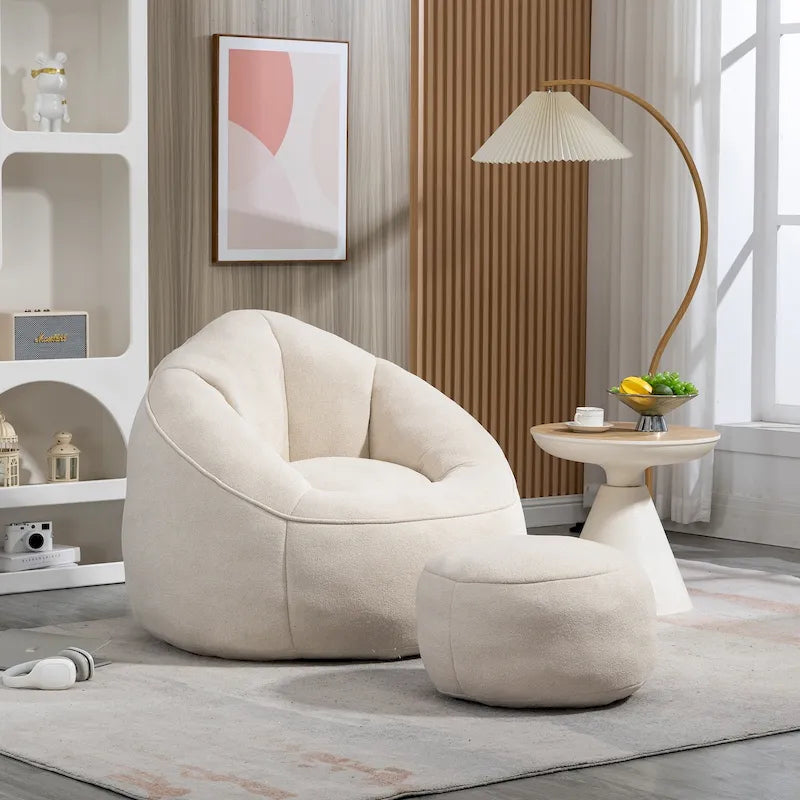 Fauteuil d'appoint moderne en microfibre avec pouf | Rembourrage en mousse | Beige | Intérieur | Léger