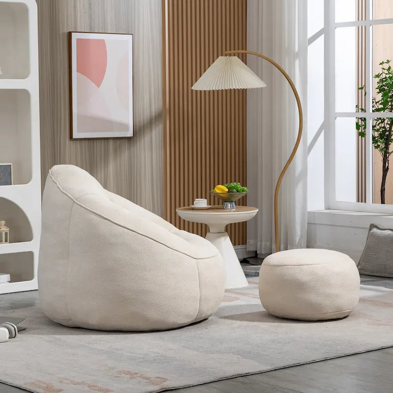 Fauteuil d'appoint moderne en microfibre avec pouf | Rembourrage en mousse | Beige | Intérieur | Léger