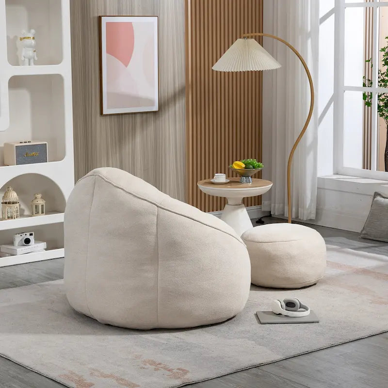 Fauteuil d'appoint moderne en microfibre avec pouf | Rembourrage en mousse | Beige | Intérieur | Léger