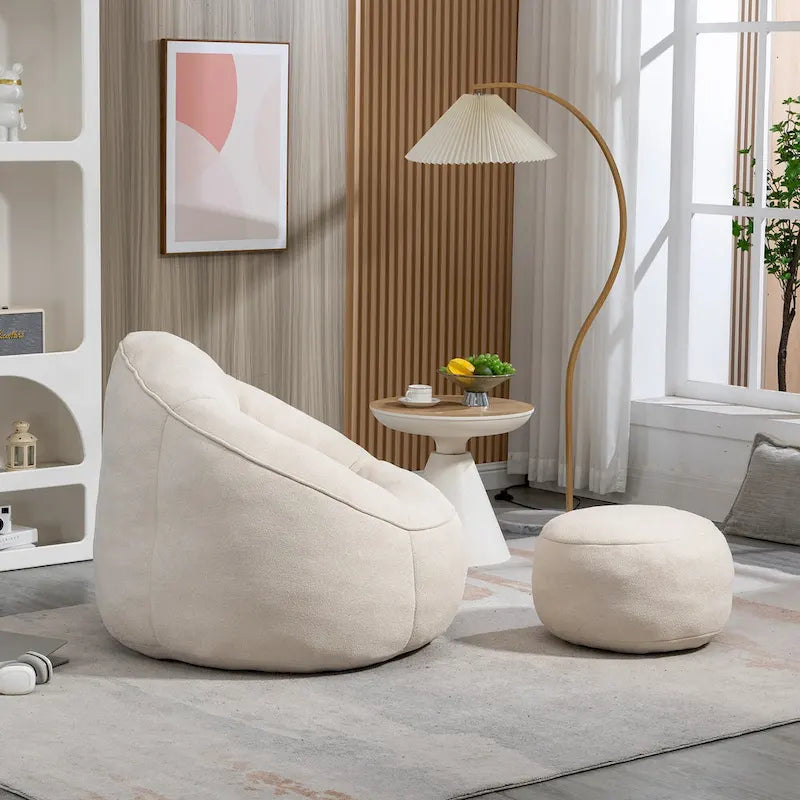Fauteuil d'appoint moderne en microfibre avec pouf | Rembourrage en mousse | Beige | Intérieur | Léger