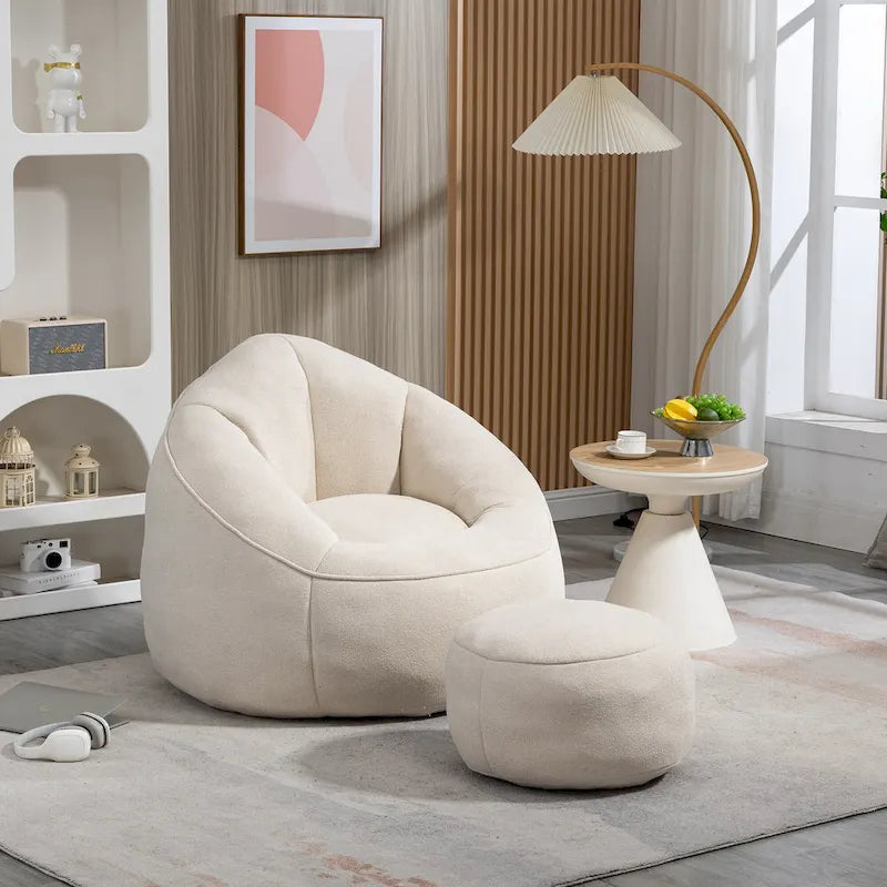 Fauteuil d'appoint moderne en microfibre avec pouf | Rembourrage en mousse | Beige | Intérieur | Léger