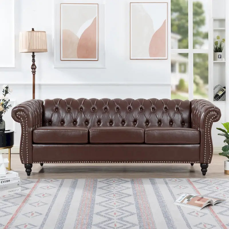 Canapé Chesterfield 3 places moderne du milieu du siècle, 84 po, cuir PU, pieds en bouleau, 300 kg