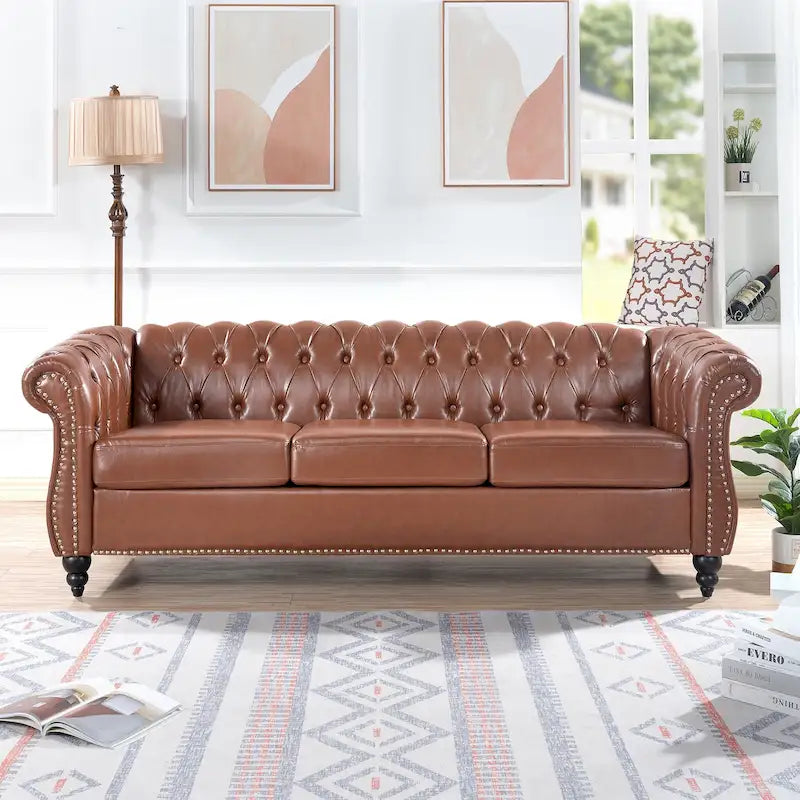 Canapé Chesterfield 3 places moderne du milieu du siècle, 84 po, cuir PU, pieds en bouleau, 300 kg
