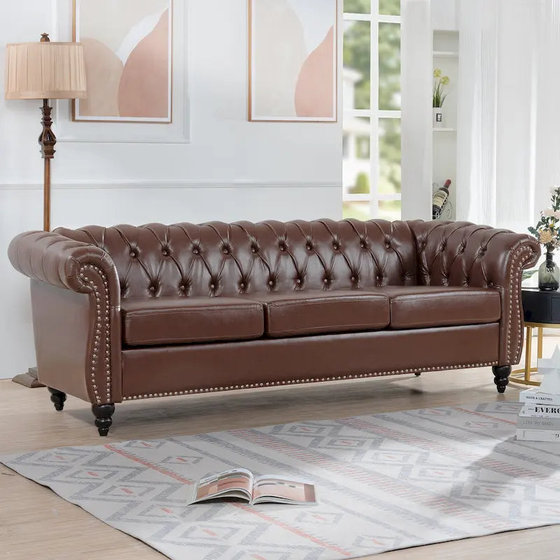 Canapé Chesterfield 3 places moderne du milieu du siècle, 84 po, cuir PU, pieds en bouleau, 300 kg