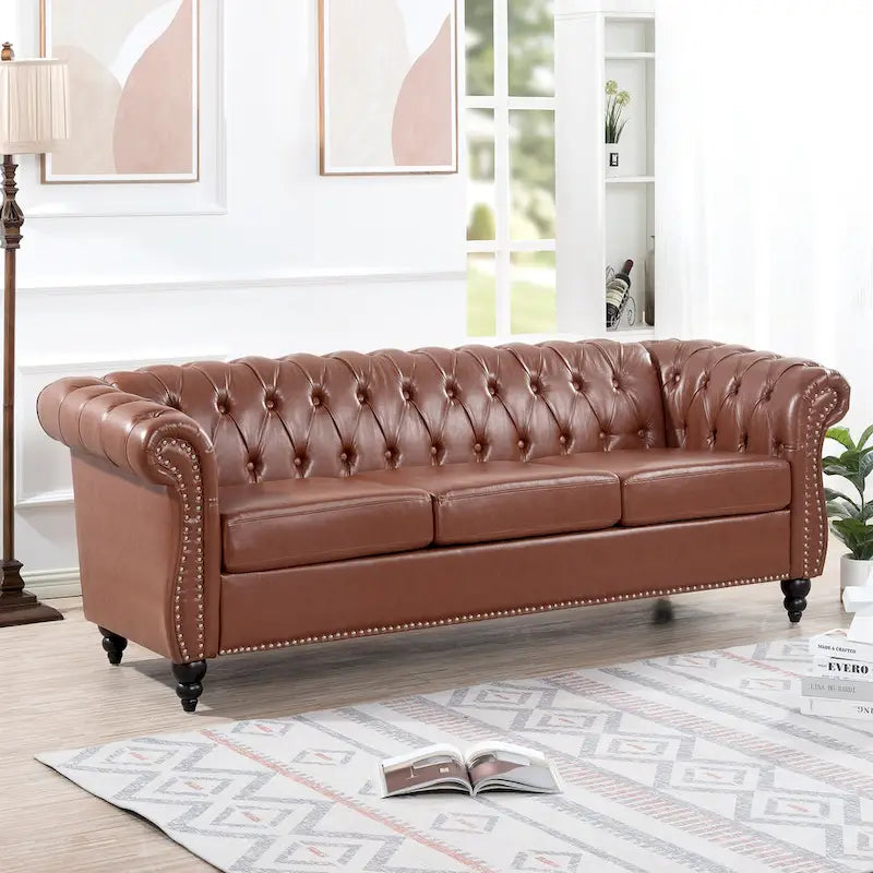 Canapé Chesterfield 3 places moderne du milieu du siècle, 84 po, cuir PU, pieds en bouleau, 300 kg