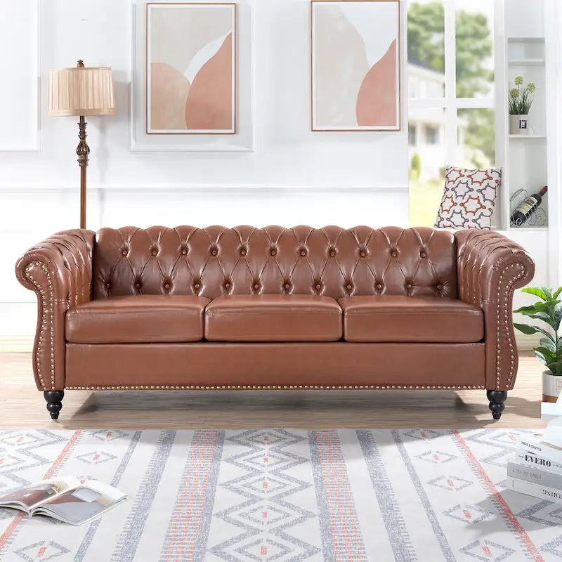 Canapé Chesterfield 3 places moderne du milieu du siècle, 84 po, cuir PU, pieds en bouleau, 300 kg