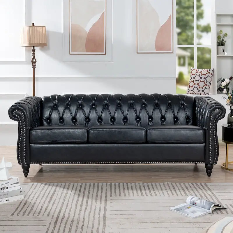 Canapé Chesterfield 3 places moderne du milieu du siècle, 84 po, cuir PU, pieds en bouleau, 300 kg