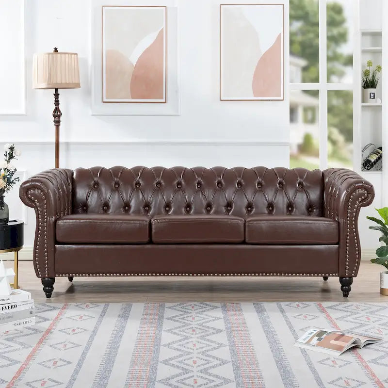 Canapé Chesterfield 3 places moderne du milieu du siècle, 84 po, cuir PU, pieds en bouleau, 300 kg