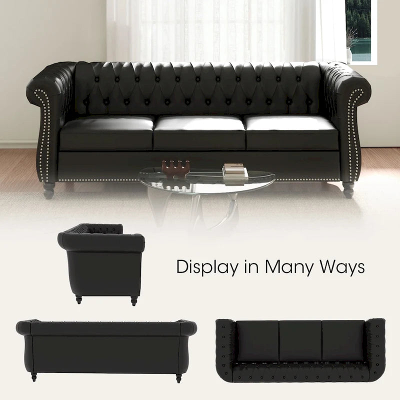 Canapé Chesterfield 3 places moderne du milieu du siècle, 84 po, cuir PU, pieds en bouleau, 300 kg