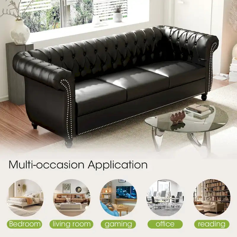Canapé Chesterfield 3 places moderne du milieu du siècle, 84 po, cuir PU, pieds en bouleau, 300 kg
