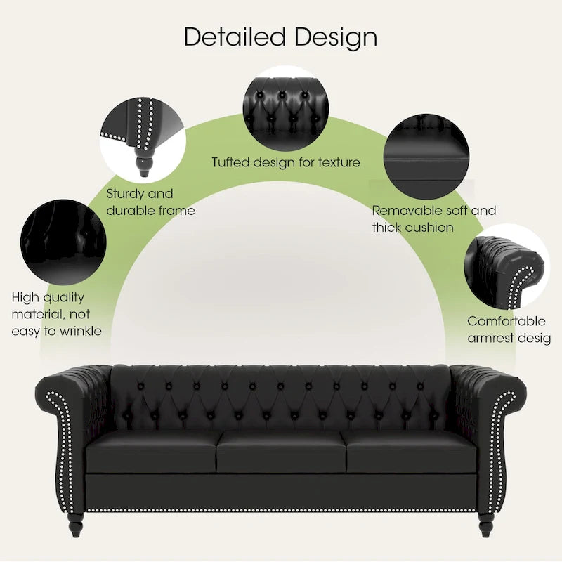 Canapé Chesterfield 3 places moderne du milieu du siècle, 84 po, cuir PU, pieds en bouleau, 300 kg