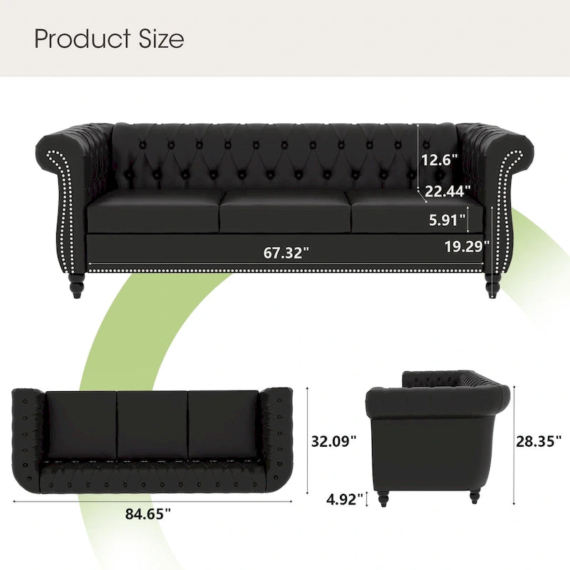 Canapé Chesterfield 3 places moderne du milieu du siècle, 84 po, cuir PU, pieds en bouleau, 300 kg
