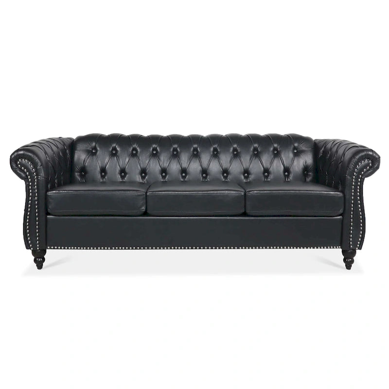 Canapé Chesterfield 3 places moderne du milieu du siècle, 84 po, cuir PU, pieds en bouleau, 300 kg