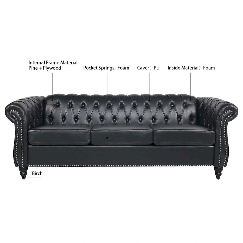 Canapé Chesterfield 3 places moderne du milieu du siècle, 84 po, cuir PU, pieds en bouleau, 300 kg
