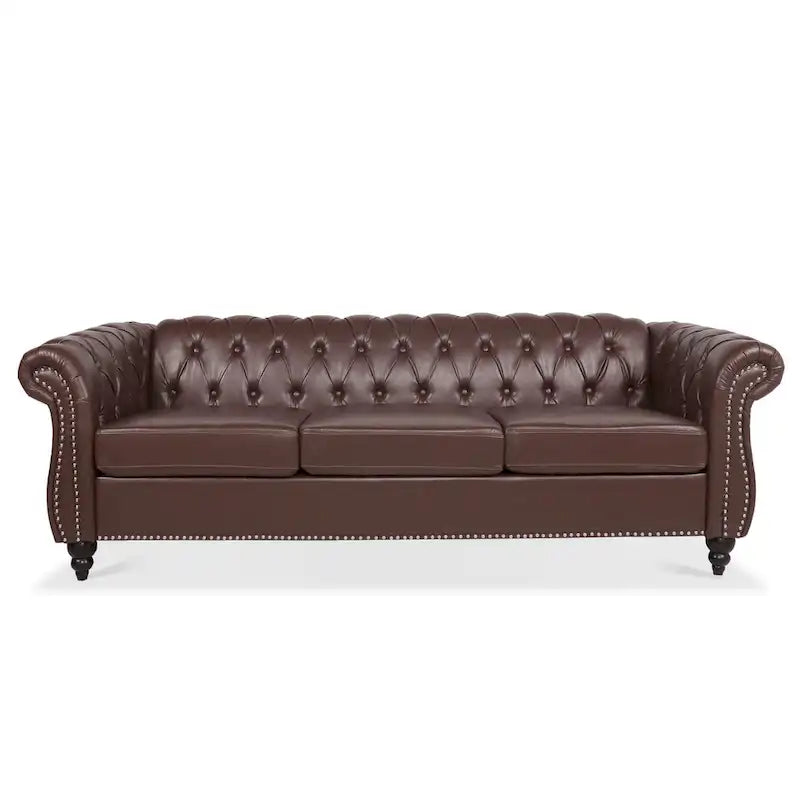 Canapé Chesterfield 3 places moderne du milieu du siècle, 84 po, cuir PU, pieds en bouleau, 300 kg
