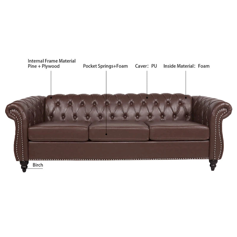 Canapé Chesterfield 3 places moderne du milieu du siècle, 84 po, cuir PU, pieds en bouleau, 300 kg