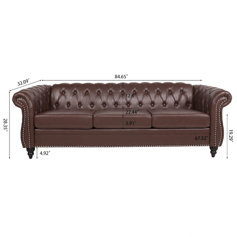Canapé Chesterfield 3 places moderne du milieu du siècle, 84 po, cuir PU, pieds en bouleau, 300 kg