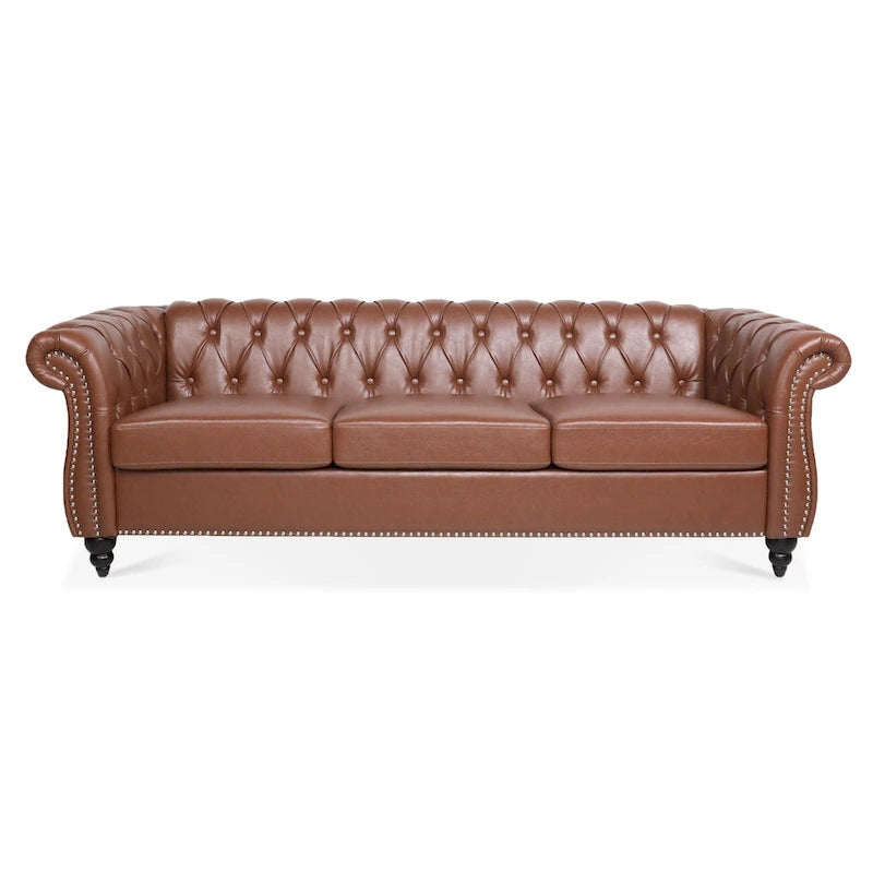 Canapé Chesterfield 3 places moderne du milieu du siècle, 84 po, cuir PU, pieds en bouleau, 300 kg