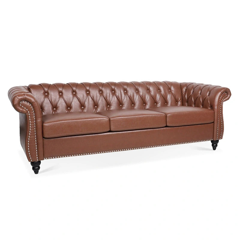 Canapé Chesterfield 3 places moderne du milieu du siècle, 84 po, cuir PU, pieds en bouleau, 300 kg