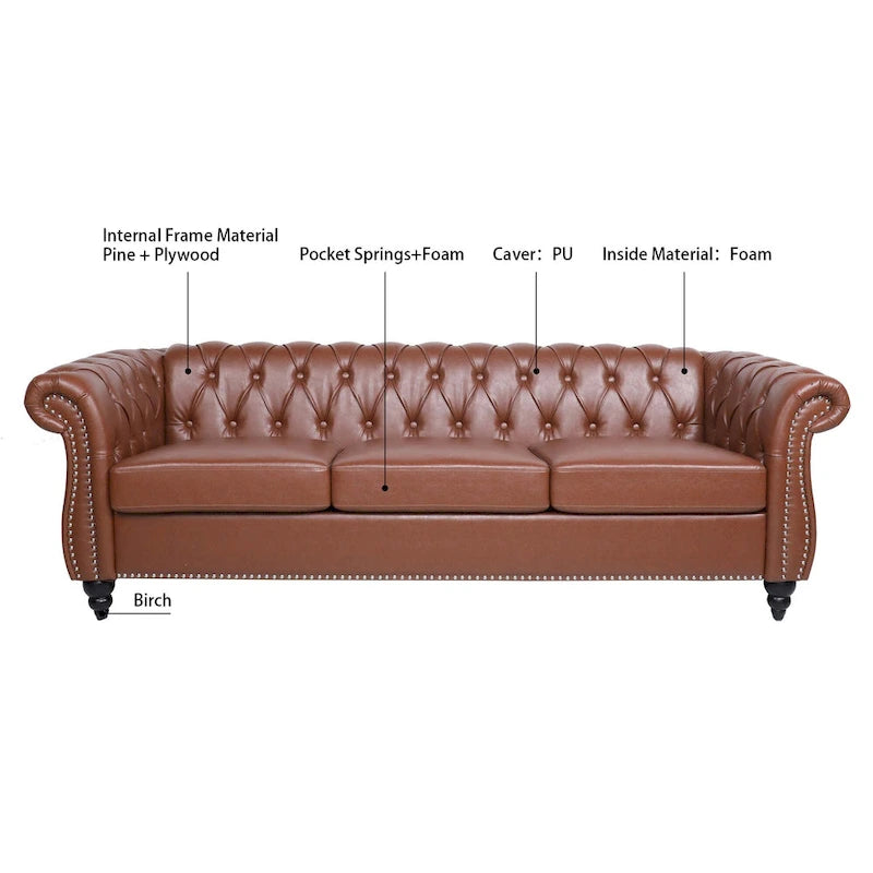 Canapé Chesterfield 3 places moderne du milieu du siècle, 84 po, cuir PU, pieds en bouleau, 300 kg