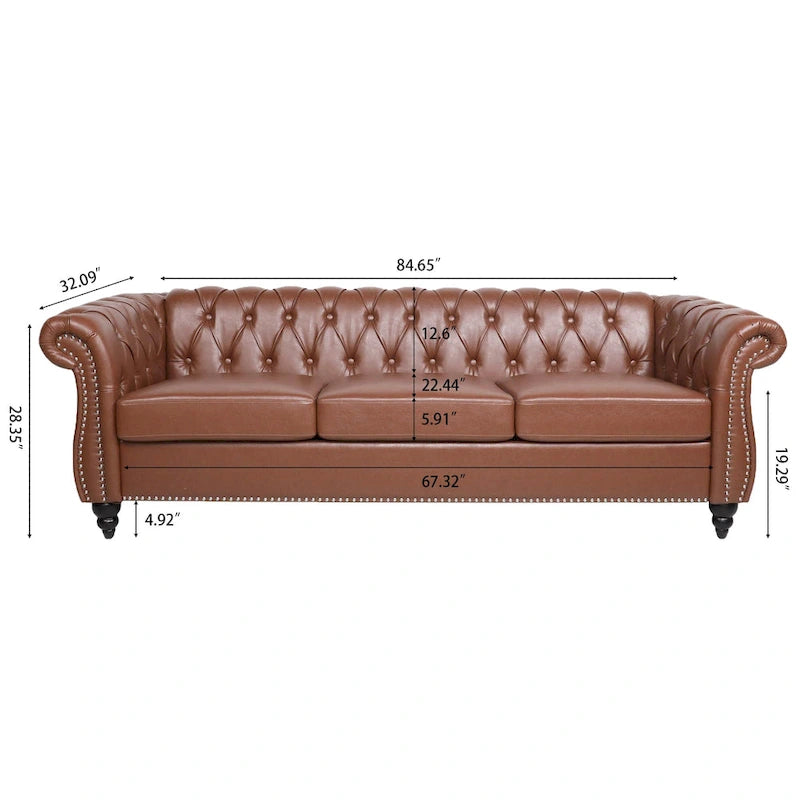 Canapé Chesterfield 3 places moderne du milieu du siècle, 84 po, cuir PU, pieds en bouleau, 300 kg