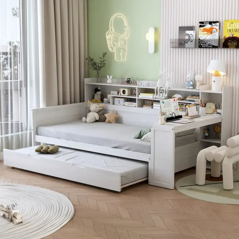 Lit de repos jumeau avec lit gigogne, bureau et étagères de rangement | Pin et MDF | 158 kg | Naturel