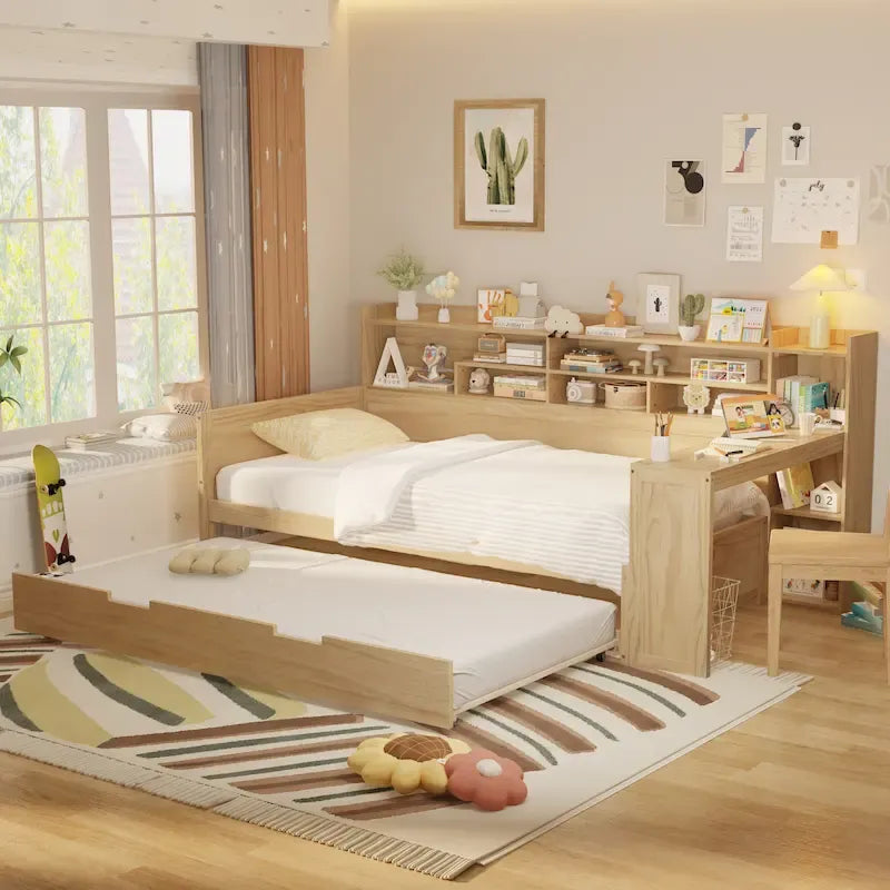 Lit de repos jumeau avec lit gigogne, bureau et étagères de rangement | Pin et MDF | 158 kg | Naturel