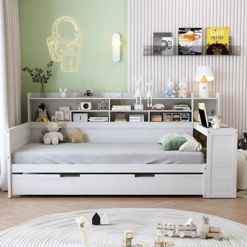 Lit de repos jumeau avec lit gigogne, bureau et étagères de rangement | Pin et MDF | 158 kg | Naturel