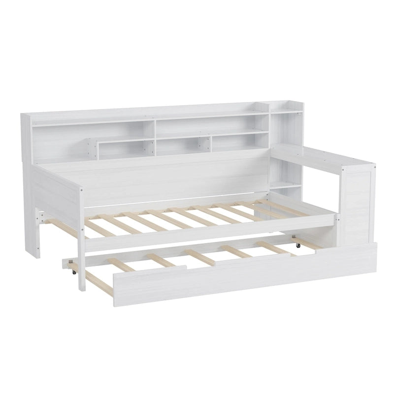 Lit de repos jumeau avec lit gigogne, bureau et étagères de rangement | Pin et MDF | 158 kg | Naturel