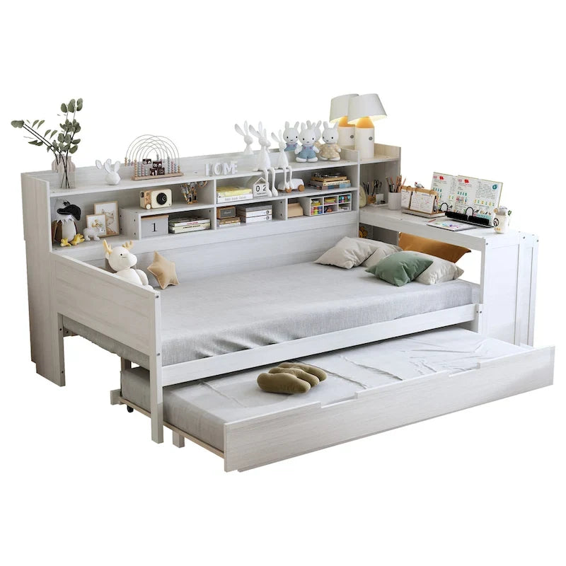 Lit de repos jumeau avec lit gigogne, bureau et étagères de rangement | Pin et MDF | 158 kg | Naturel