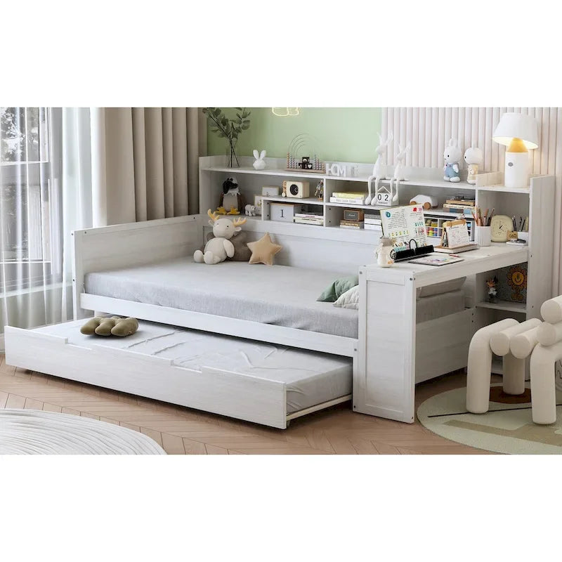 Lit de repos jumeau avec lit gigogne, bureau et étagères de rangement | Pin et MDF | 158 kg | Naturel
