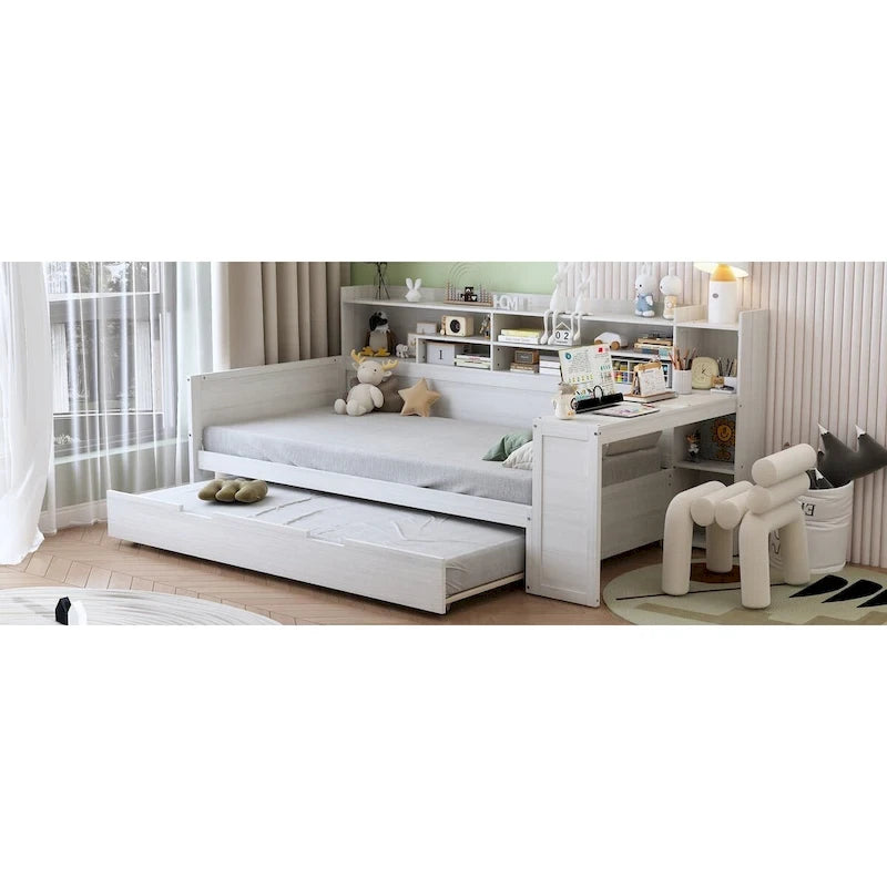 Lit de repos jumeau avec lit gigogne, bureau et étagères de rangement | Pin et MDF | 158 kg | Naturel