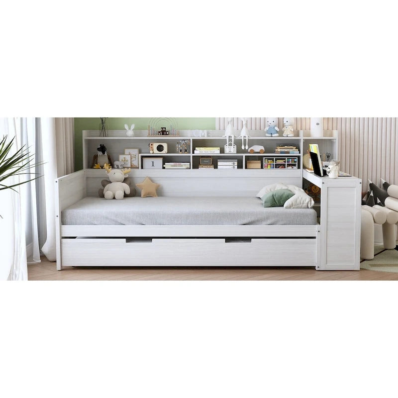 Lit de repos jumeau avec lit gigogne, bureau et étagères de rangement | Pin et MDF | 158 kg | Naturel