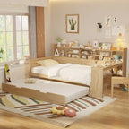 Lit de repos jumeau avec lit gigogne, bureau et étagères de rangement | Pin et MDF | 158 kg | Naturel