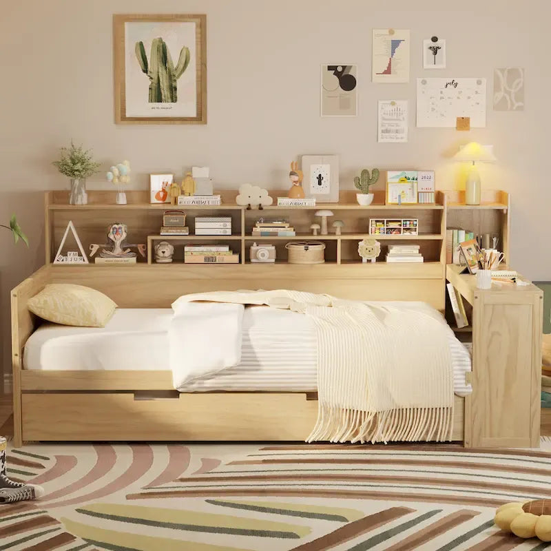 Lit de repos jumeau avec lit gigogne, bureau et étagères de rangement | Pin et MDF | 158 kg | Naturel