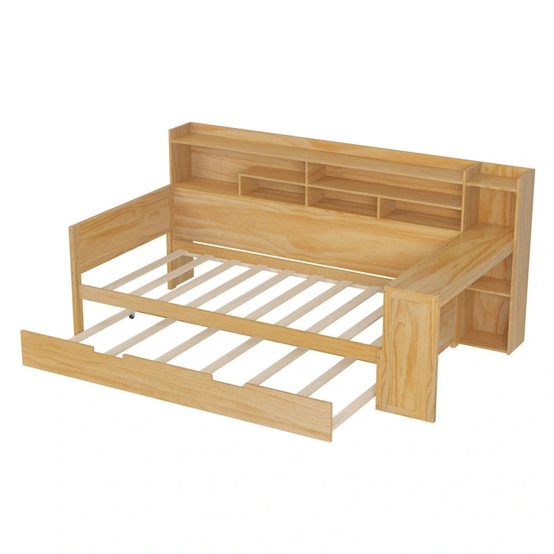 Lit de repos jumeau avec lit gigogne, bureau et étagères de rangement | Pin et MDF | 158 kg | Naturel