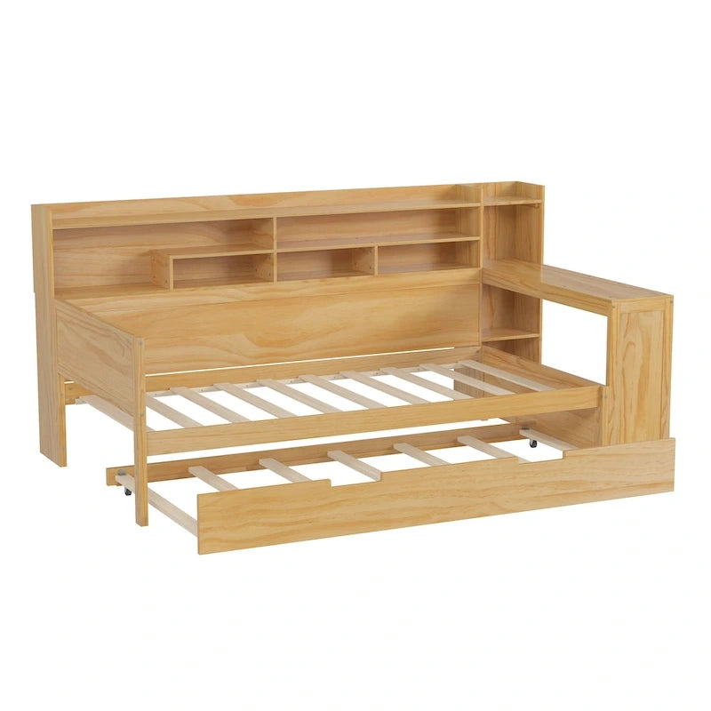 Lit de repos jumeau avec lit gigogne, bureau et étagères de rangement | Pin et MDF | 158 kg | Naturel
