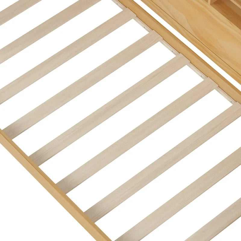 Lit de repos jumeau avec lit gigogne, bureau et étagères de rangement | Pin et MDF | 158 kg | Naturel