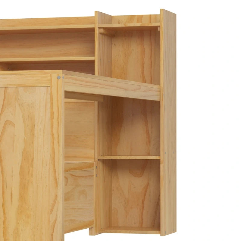 Lit de repos jumeau avec lit gigogne, bureau et étagères de rangement | Pin et MDF | 158 kg | Naturel