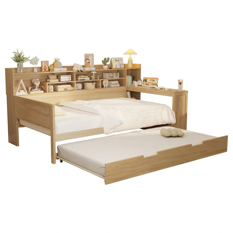 Lit de repos jumeau avec lit gigogne, bureau et étagères de rangement | Pin et MDF | 158 kg | Naturel
