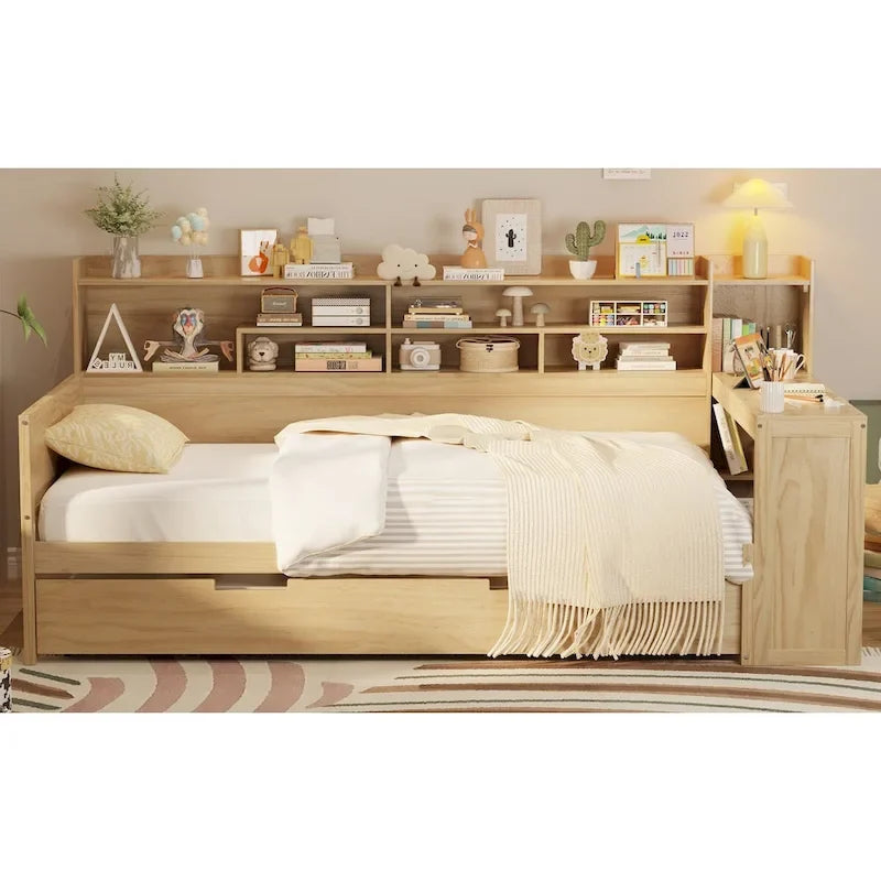Lit de repos jumeau avec lit gigogne, bureau et étagères de rangement | Pin et MDF | 158 kg | Naturel