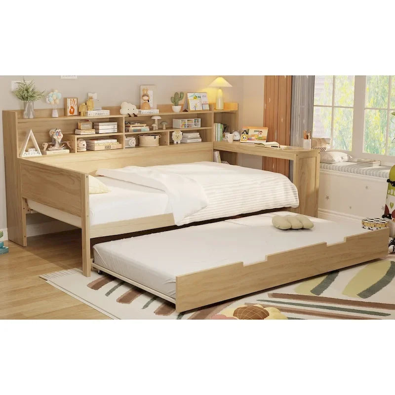 Lit de repos jumeau avec lit gigogne, bureau et étagères de rangement | Pin et MDF | 158 kg | Naturel