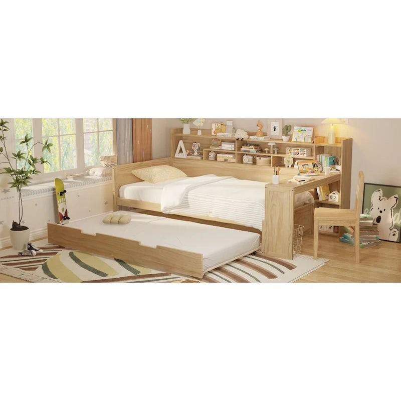 Lit de repos jumeau avec lit gigogne, bureau et étagères de rangement | Pin et MDF | 158 kg | Naturel