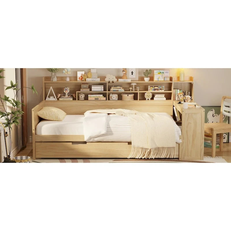 Lit de repos jumeau avec lit gigogne, bureau et étagères de rangement | Pin et MDF | 158 kg | Naturel
