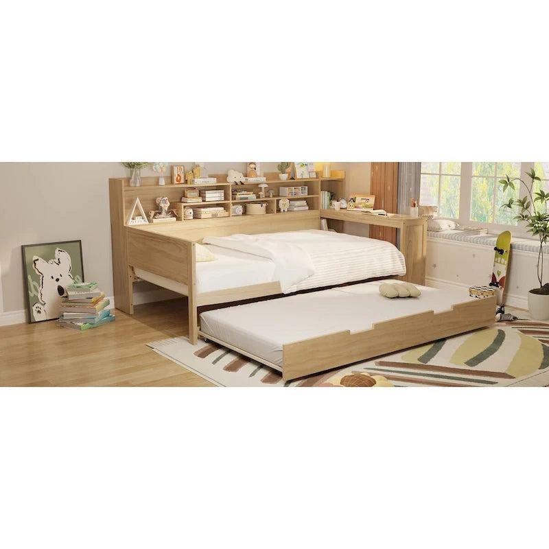 Lit de repos jumeau avec lit gigogne, bureau et étagères de rangement | Pin et MDF | 158 kg | Naturel