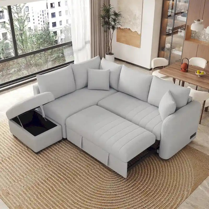 Canapé d'angle convertible en L, canapé inclinable avec 2 ports USB, 2 prises de courant et pouf de rangement mobile