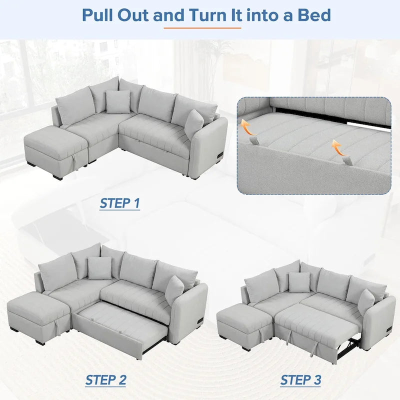 Canapé d'angle convertible en L, canapé inclinable avec 2 ports USB, 2 prises de courant et pouf de rangement mobile