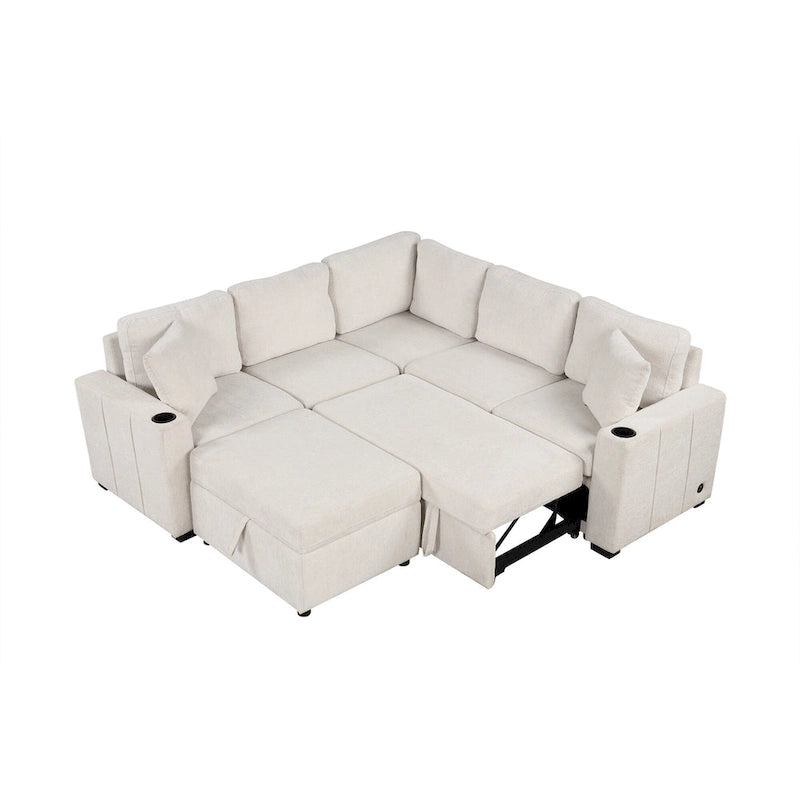 Canapé d'angle convertible en L, canapé inclinable avec 2 ports USB, 2 prises de courant et pouf de rangement mobile