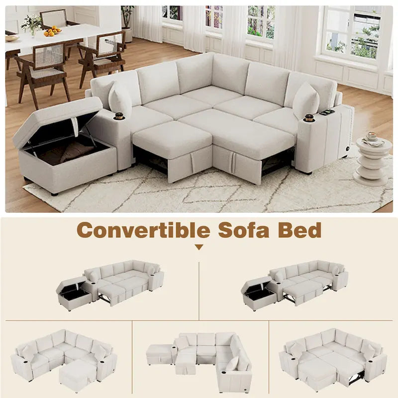 Canapé d'angle convertible en L, canapé inclinable avec 2 ports USB, 2 prises de courant et pouf de rangement mobile